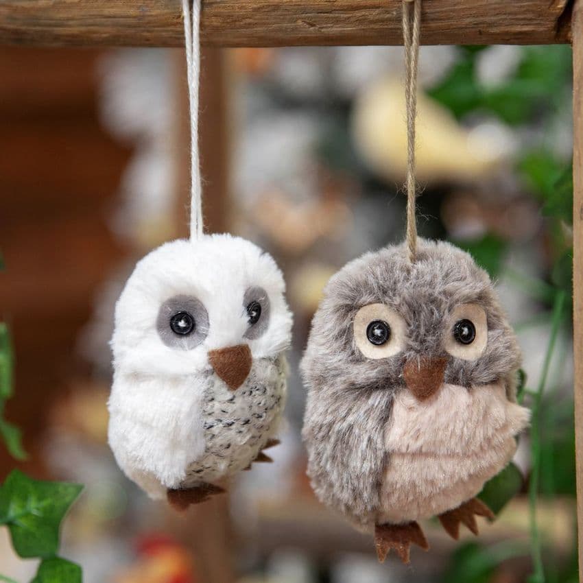 Pair Of Fluffy owls Hanging Christmas Tree Decorations Woodland Decor