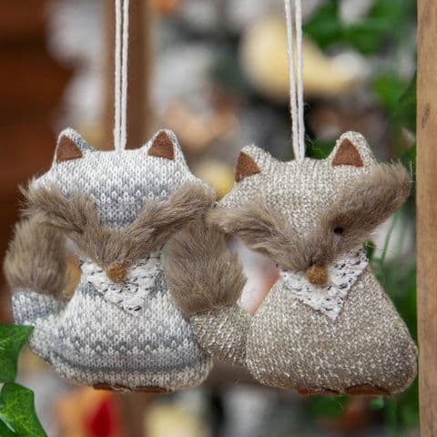 Pair Of knitted foxes Hanging Christmas Tree Decorations