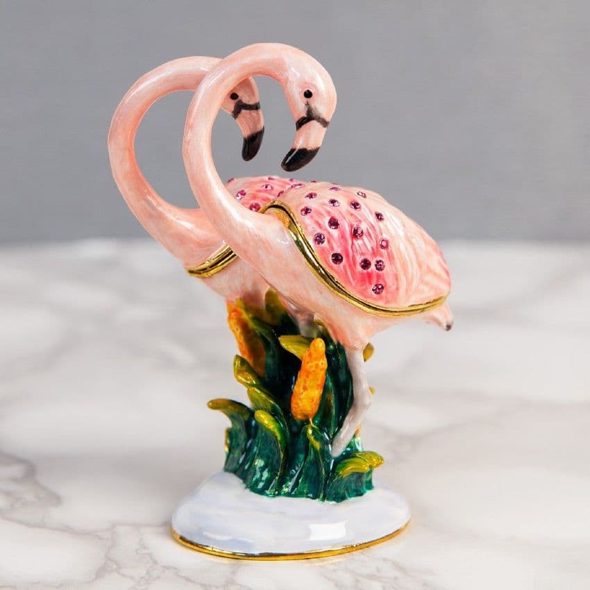 Pair of Pink Flamingos Trinket Box - Treasured Trinkets Collectable Jewellery Box gift and cake topper keepsake.