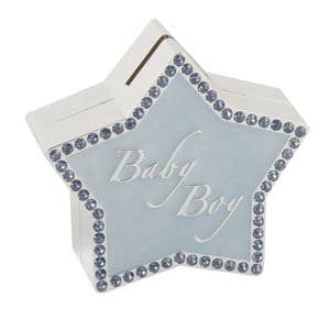 Pale Blue and Diamante Star Shaped Money Box - New Baby Boy Gift