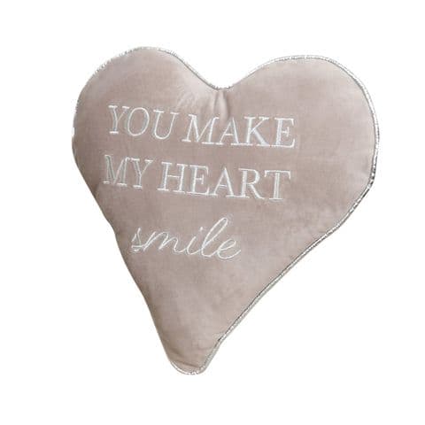 Pale Grey Luxury Heart Shape Velvet Cushion 'You Make My Heart Smile' Gift