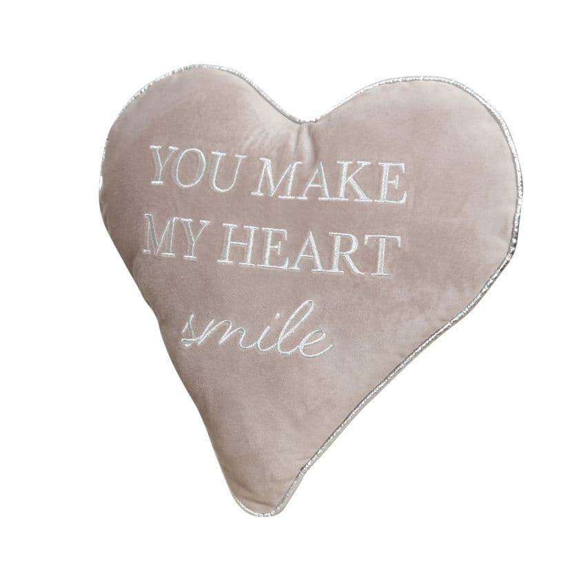 Pale Grey Luxury Heart Shape Velvet Cushion 'You Make My Heart Smile' Gift
