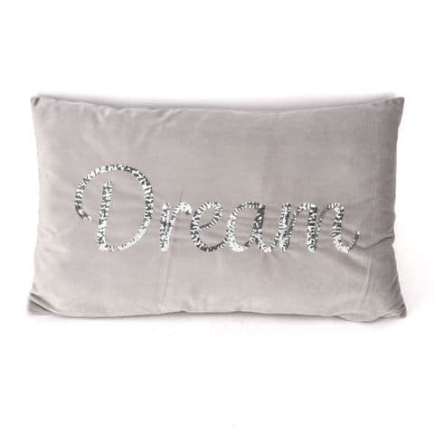 Pale Grey Velvet Oblong Cushion With Silver Sequin Words 'Dream'
