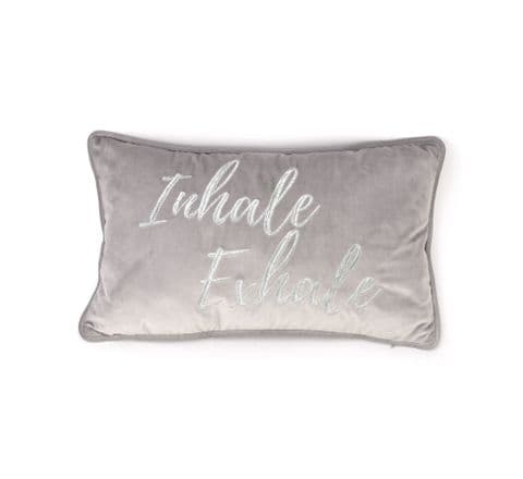 Pale Grey Velvet Scatter Cushion With Silver Embroidery 'Inhale Exhale'