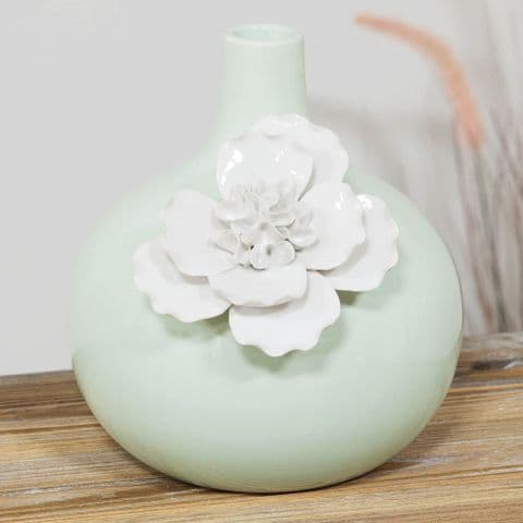 Pale Pastel Green Ceramic Vase With White Flower Home Ornament