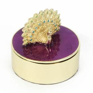 Peacock Design Trinket Jewellery Box - Round Purple and Gold Trinket Box Gift