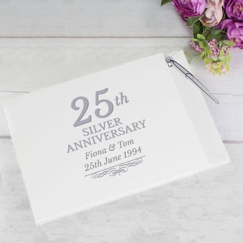 Personalised 25th Silver Wedding Anniversary Hardback Guest Book & Pen Set