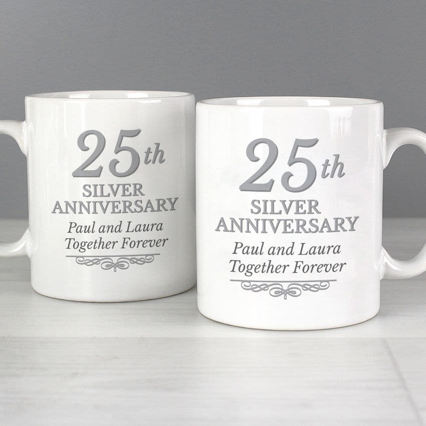 Personalised 25th Silver Wedding Anniversary Mug Set Gift