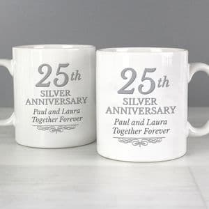 Personalised 25th Silver Wedding Anniversary Mug Set Gift