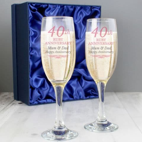 Personalised 40th Ruby Anniversary Gift Pair of Flutes With Gift Box
