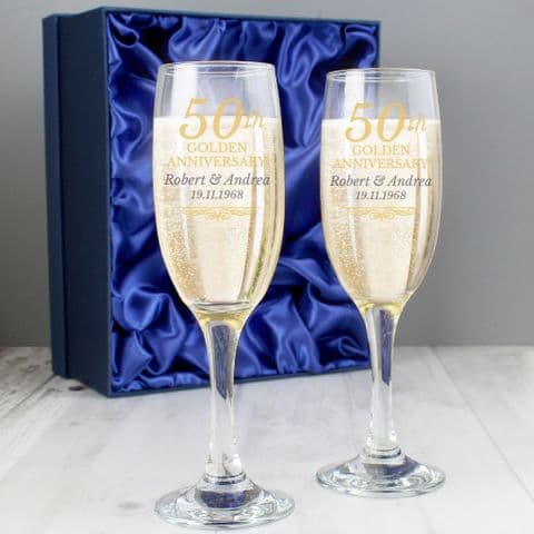 Personalised 50th Golden Anniversary Pair of Flutes With Gift Box