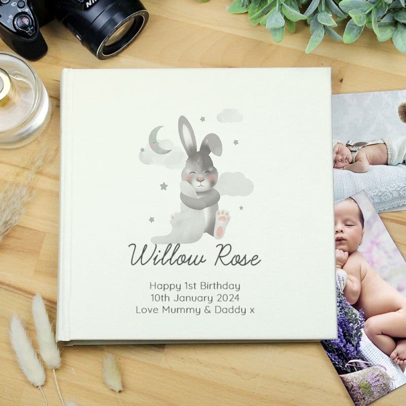 Personalised Baby's Photo Album Gift - Baby Bunny Square Memory Album. Gift idea for first birthday and christening.