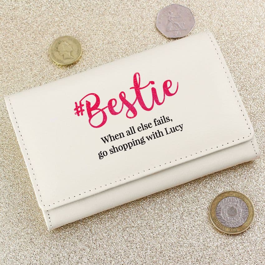 Personalised #Bestie Cream Leather Purse Gift For Best Friend