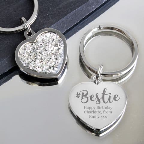 Personalised #Bestie Diamante Heart Keyring Gift For a Best Friend