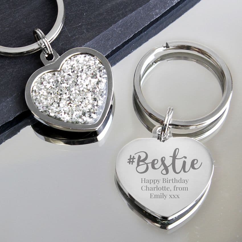 Personalised #Bestie Diamante Heart Keyring Gift For a Best Friend