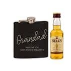 Personalised Black Hip Flask and Minature Bells Whisky Gift Set For Men.  Great gift idea for Fathers Day and Birthdays.