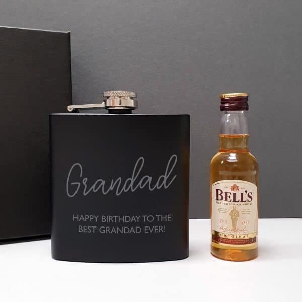 Personalised Black Hip Flask and Minature Bells Whisky Gift Set For Men.  Great gift idea for Fathers Day and Birthdays.