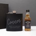 Personalised Black Hip Flask and Minature Jack Daniels Gift Set For Men.  Great gift idea for Fathers Day and Birthdays.