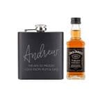 Personalised Black Hip Flask and Minature Jack Daniels Gift Set For Men.  Great gift idea for Fathers Day and Birthdays.