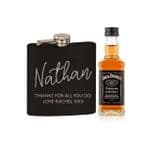 Personalised Black Hip Flask and Minature Jack Daniels Gift Set For Men.  Great gift idea for Fathers Day and Birthdays.