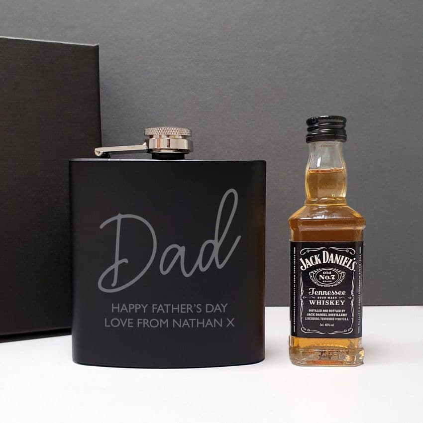 Personalised Black Hip Flask and Minature Jack Daniels Gift Set For Men.  Great gift idea for Fathers Day and Birthdays.