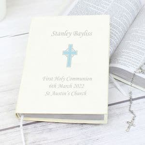 Personalised Blue Cross Holy Bible Religious Gift