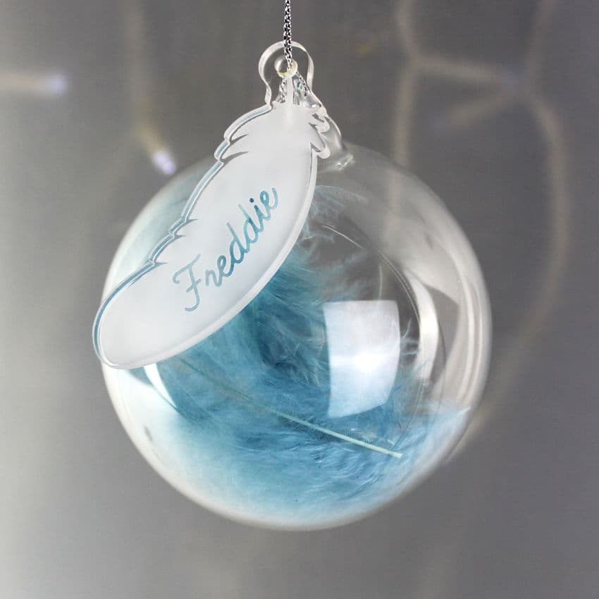 Personalised Blue Feather Christmas Bauble Gift Keepsake. Engrave with any name for a truly unique Christmas gift.