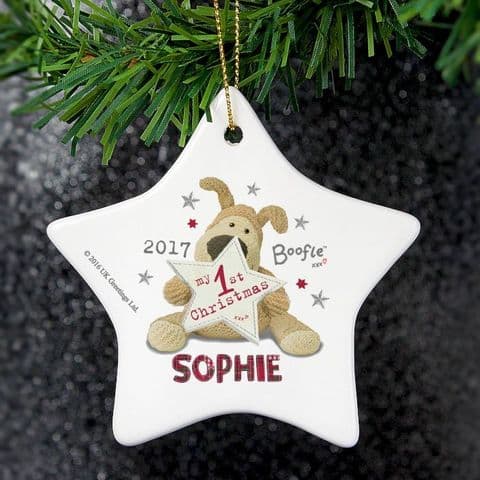 Personalised Boofie My First Christmas Ceramic Star Tree Decoration for Baby's first Christmas