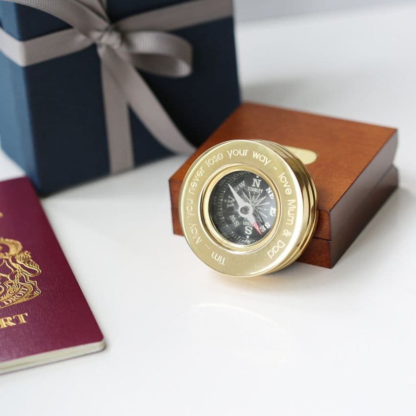 Personalised Brass Compass In Wooden Box Unique Gift For Men. Perfect for adventurers on their graduation, special birthday, Christmas and Fathers Day.