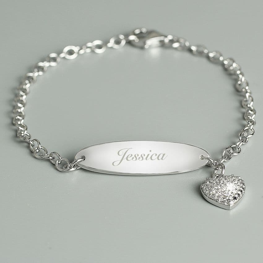 Personalised Children's Sterling Silver Bracelet With Cubic Zirconia Heart. A perfect gift for bridesmaids and Holy Commuinion.