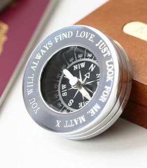 Personalised Chrome Compass In Wooden Box Unique Engraved Gift For Men