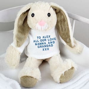 Personalised Cuddly Easter Bunny Gift With Blue Embroidery