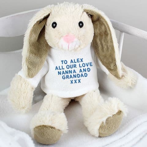 Personalised Cuddly Easter Bunny Gift With Blue Embroidery