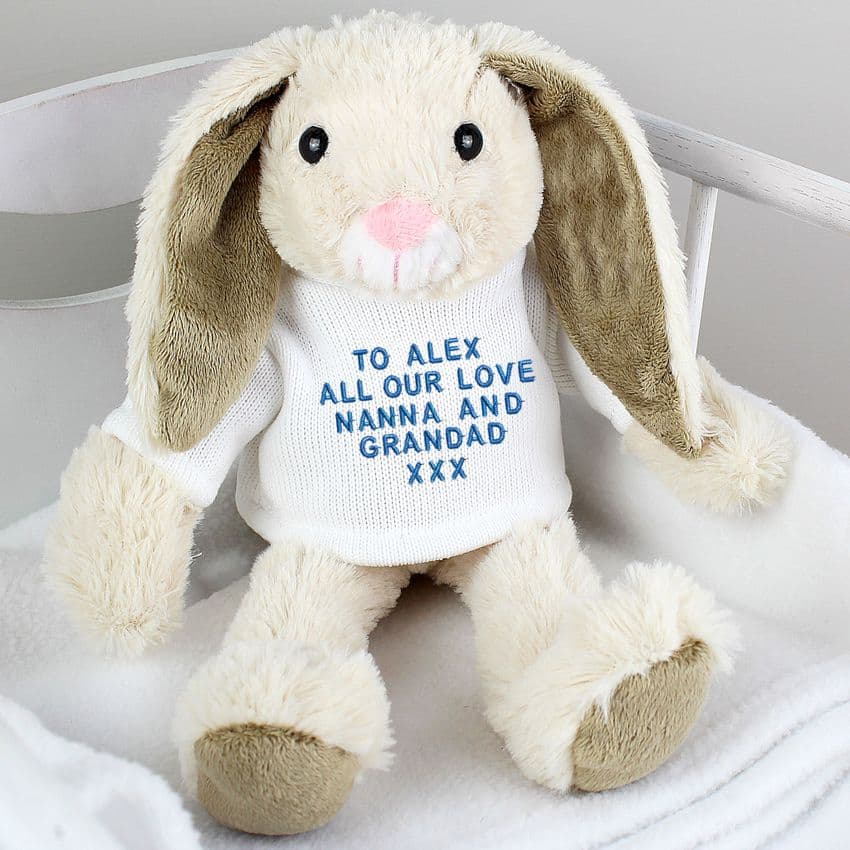Personalised Cuddly Easter Bunny Gift With Blue Embroidery