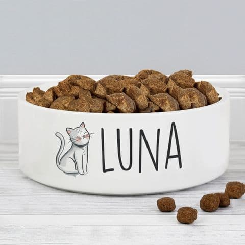 Personalised Cute Cat White Ceramic Pet Bowl Gift Idea For Cat