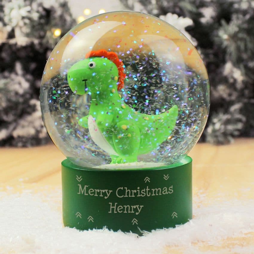 Personalised Green Dinosaur Christmas Glitter Snow Globe Gift engraved with any message