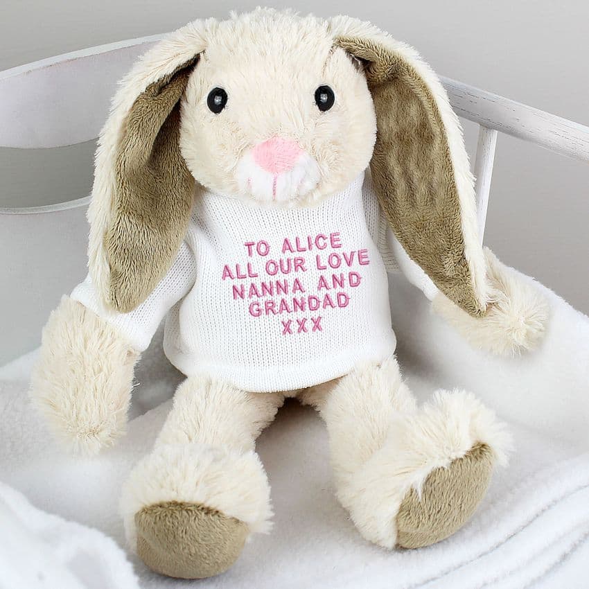 Personalised Easter Bunny Gift with Pink Embroidery Message. A perfect gift idea for Baby's first Easter.