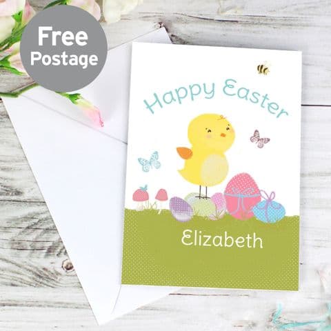 Personalised Easter Chick Card - Easter Chick Meadow Card Any Name & Message