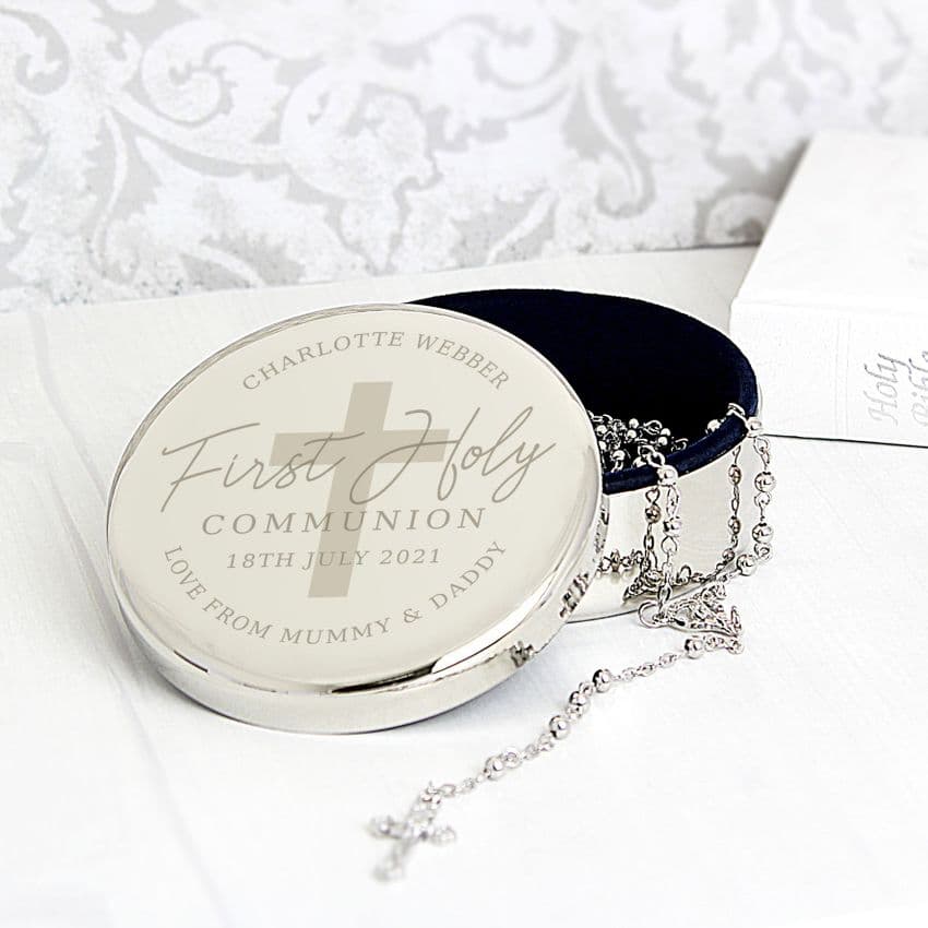 Personalised Engraved First Holy Communion Silver Finish Trinket Box and Rosary Beads Gift