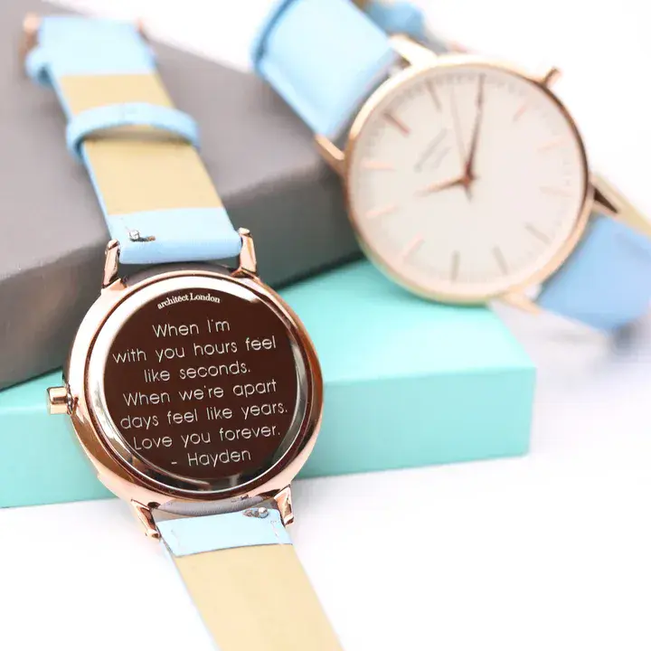 Personalised Engraved Ladies Pale Blue Leather Strap Watch Gift For Birthdays