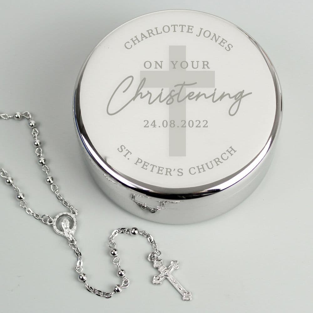 Personalised Engraved Silver Finish Trinket Box and Rosary Beads Gift ...