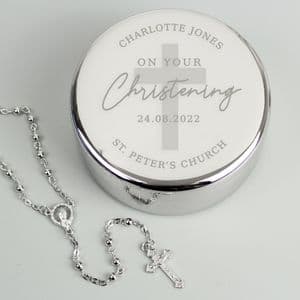 Personalised Engraved Silver Finish Trinket Box and Rosary Beads Gift For Christening