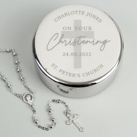Personalised Engraved Silver Finish Trinket Box and Rosary Beads Gift For Christening