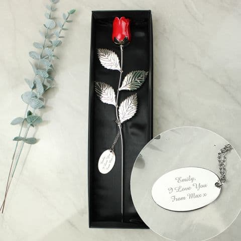Personalised Everlasting Silver Plated Red Rose Gift 32cm