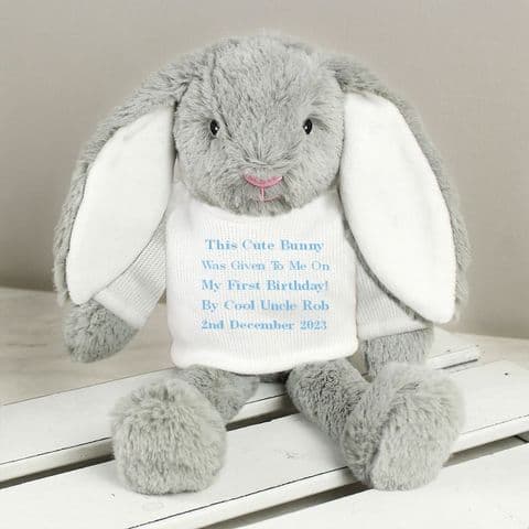 Personalised Fluffy Grey Bunny Rabbiit Gift -Blue - Add Any Message