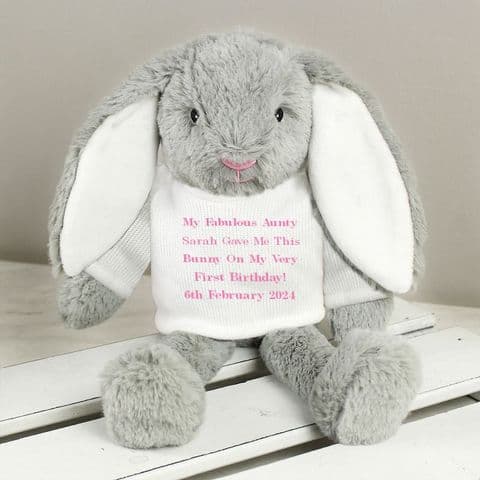 Personalised Fluffy Grey Bunny Rabbiit Gift - Pink - Add Any Message