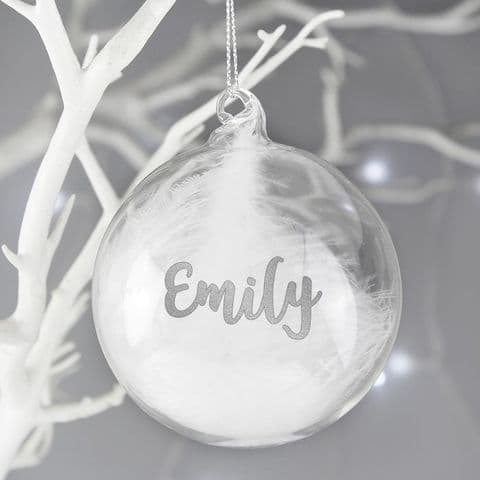 Personalised Glass Christmas Bauble With White Feather - Silver Glitter Any Name Gift