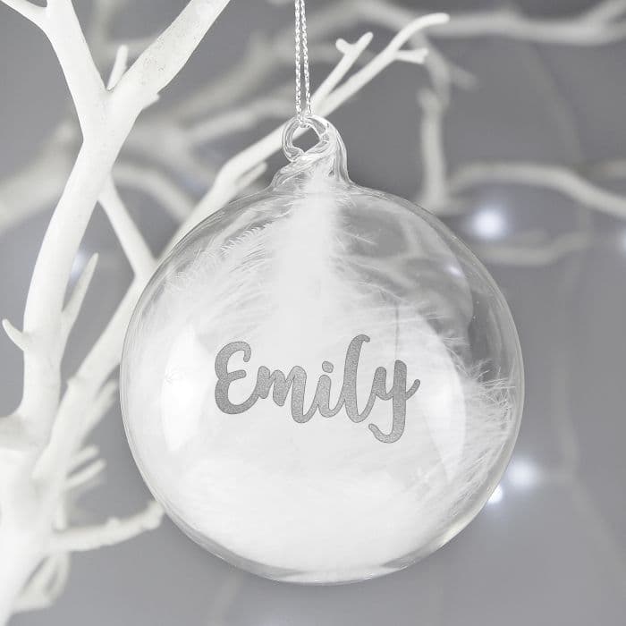 Personalised Glass Christmas Bauble With White Feather - Silver Glitter Any Name Gift