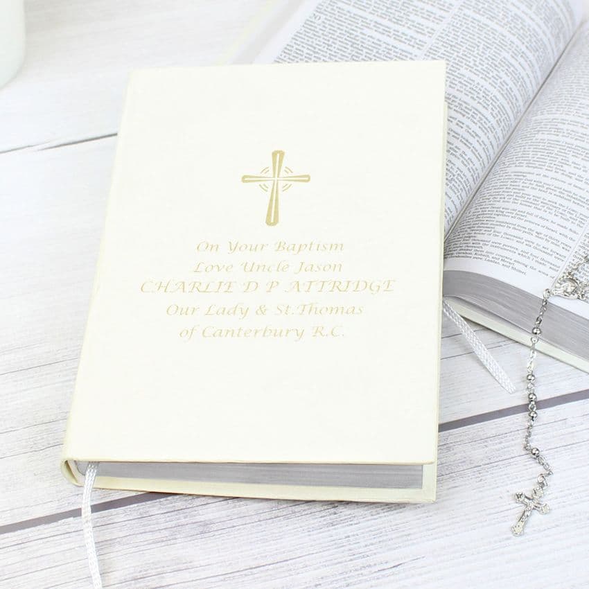Personalised Gold Cross Holy Bible Religious Gift For Baptism, Holy Communion, Confirmation and Christening.