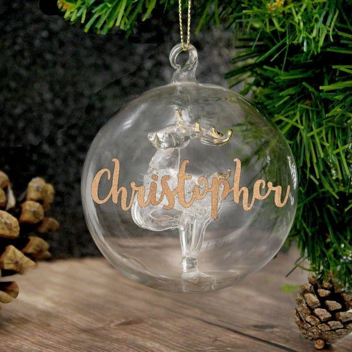 Personalised Gold Glitter Glass Reindeer Bauble Gift For Christmas